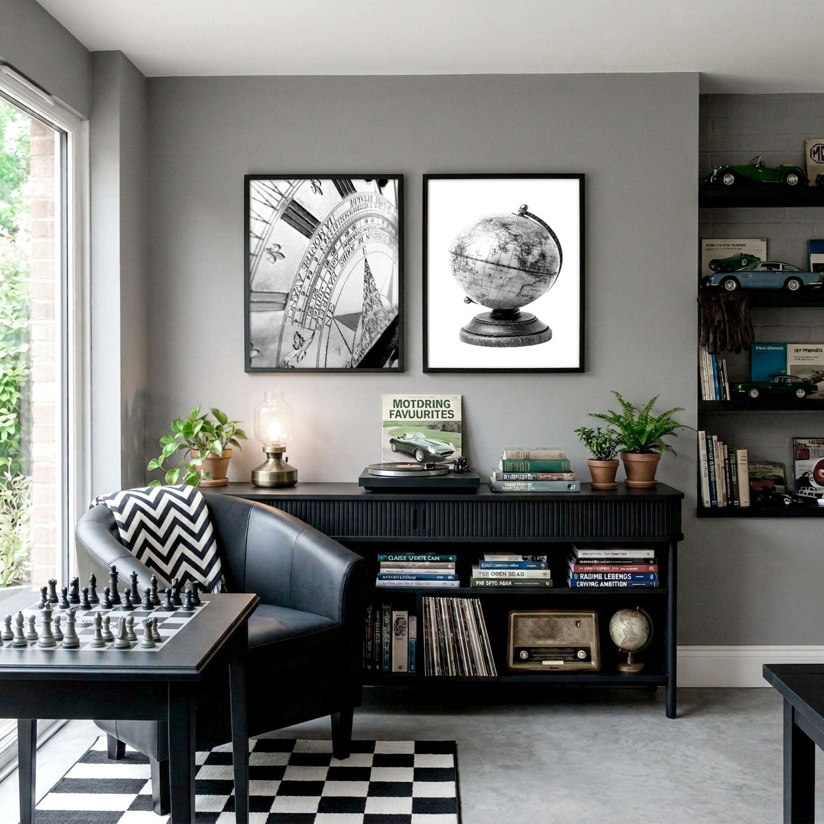 Living Room Framed Wall Art Vintage Sundial & Antique Globe Black & White Prints | Set of 2