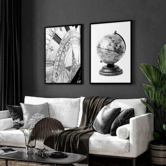 Living Room Framed Wall Art Vintage Sundial & Antique Globe Black & White Prints | Set of 2