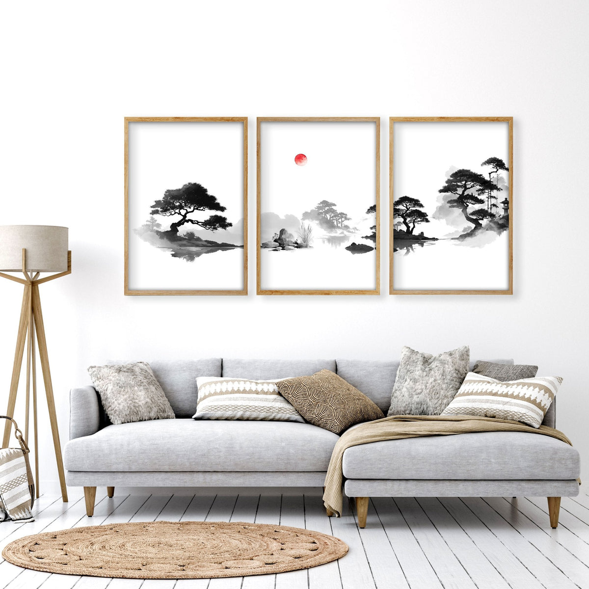 Living Room Picture Japandi Zen Landscape Black White Red Sun Wall Art Prints | Set of 3