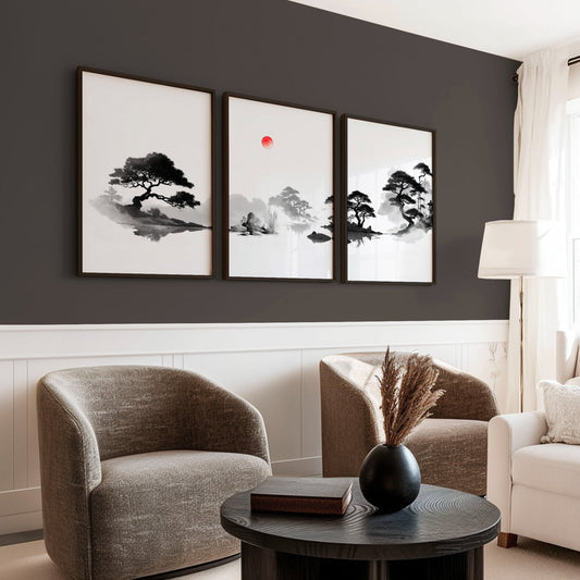 Living Room Picture Japandi Zen Landscape Black White Red Sun Wall Art Prints | Set of 3