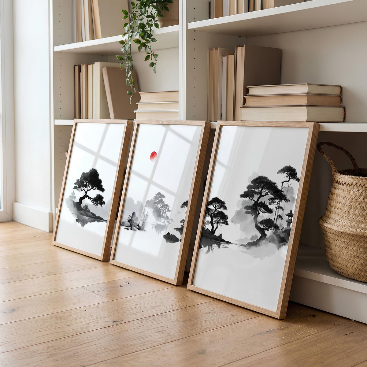 Living Room Picture Japandi Zen Landscape Black White Red Sun Wall Art Prints | Set of 3