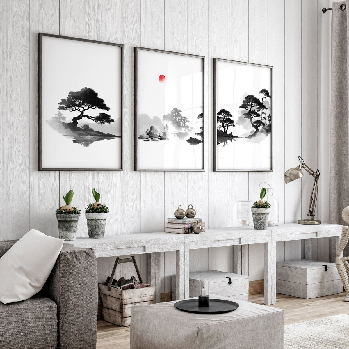 Living Room Picture Japandi Zen Landscape Black White Red Sun Wall Art Prints | Set of 3