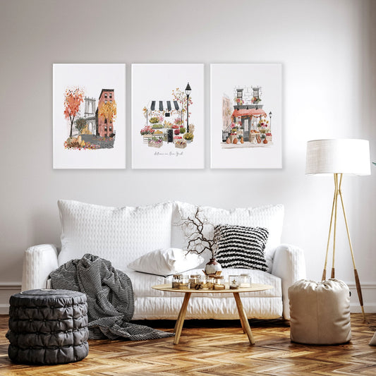 Living Room Wall Art "Autumn in New York" NYC Travel Watercolour Prints | Set of 3