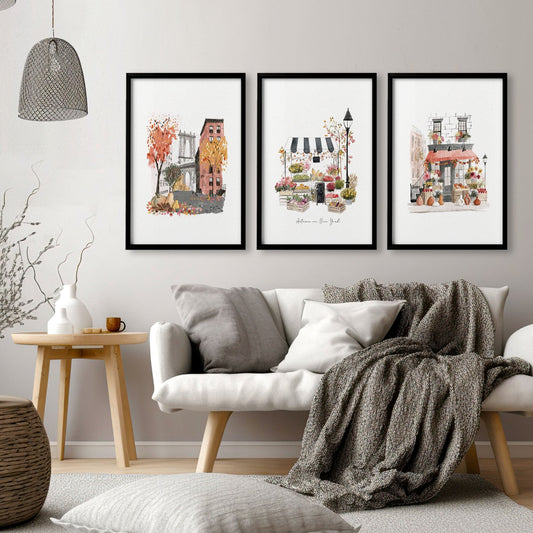 Living Room Wall Art "Autumn in New York" NYC Travel Watercolour Prints | Set of 3