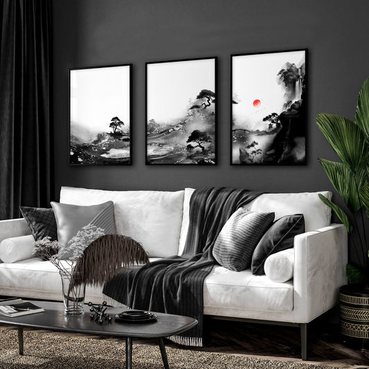 Living Room Wall Art Paint | Japanese Ink Landscape Red Sun Black White | Set of 3