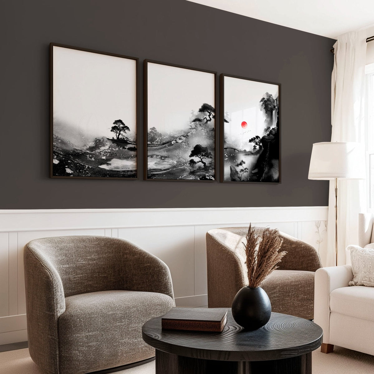 Living Room Wall Art Paint | Japanese Ink Landscape Red Sun Black White | Set of 3