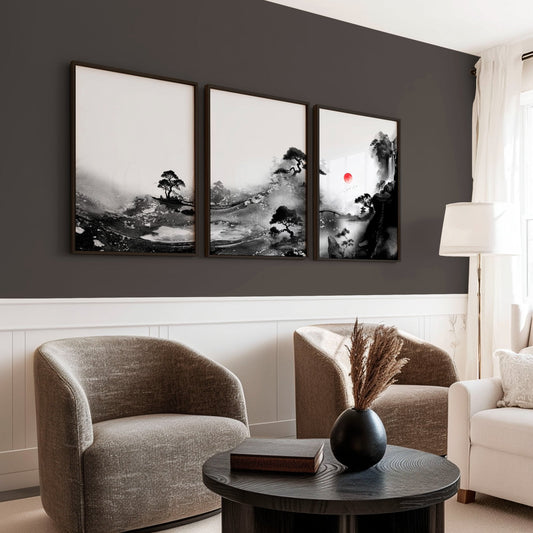 Living Room Wall Art Paint | Japanese Ink Landscape Red Sun Black White | Set of 3