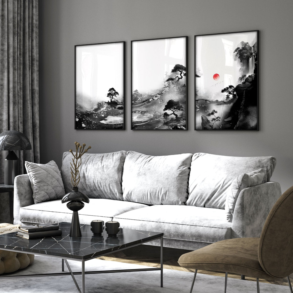 Living Room Wall Art Paint | Japanese Ink Landscape Red Sun Black White | Set of 3