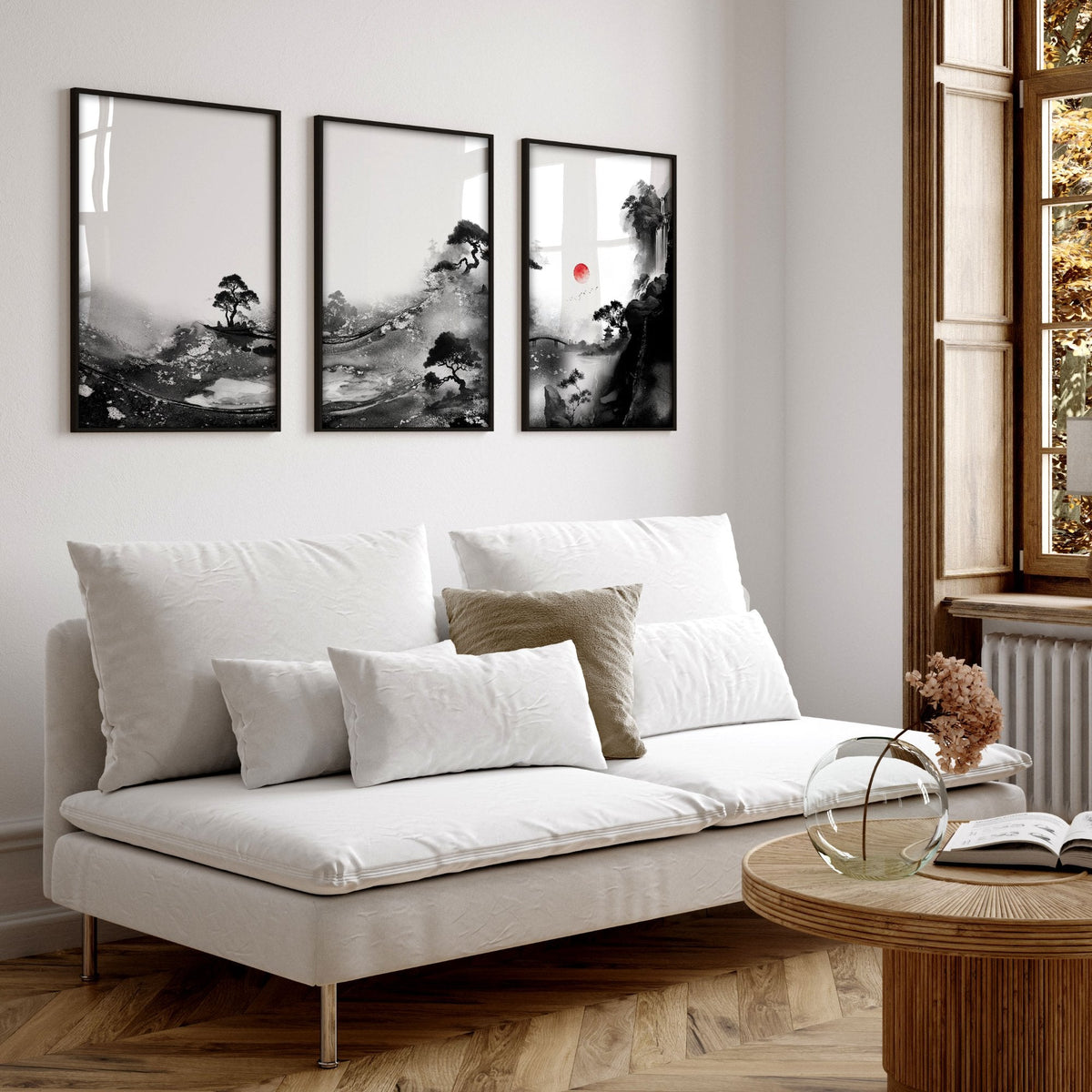 Living Room Wall Art Paint | Japanese Ink Landscape Red Sun Black White | Set of 3