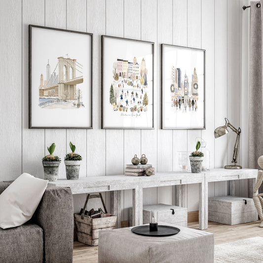 Living Room Wall Art Pictures "Winter in New York" Beige NYC Watercolour Travel | Set of 3