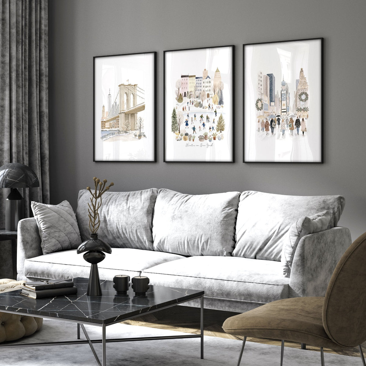 Living Room Wall Art Pictures "Winter in New York" Beige NYC Watercolour Travel | Set of 3
