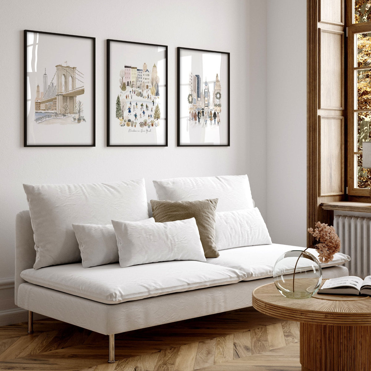 Living Room Wall Art Pictures "Winter in New York" Beige NYC Watercolour Travel | Set of 3