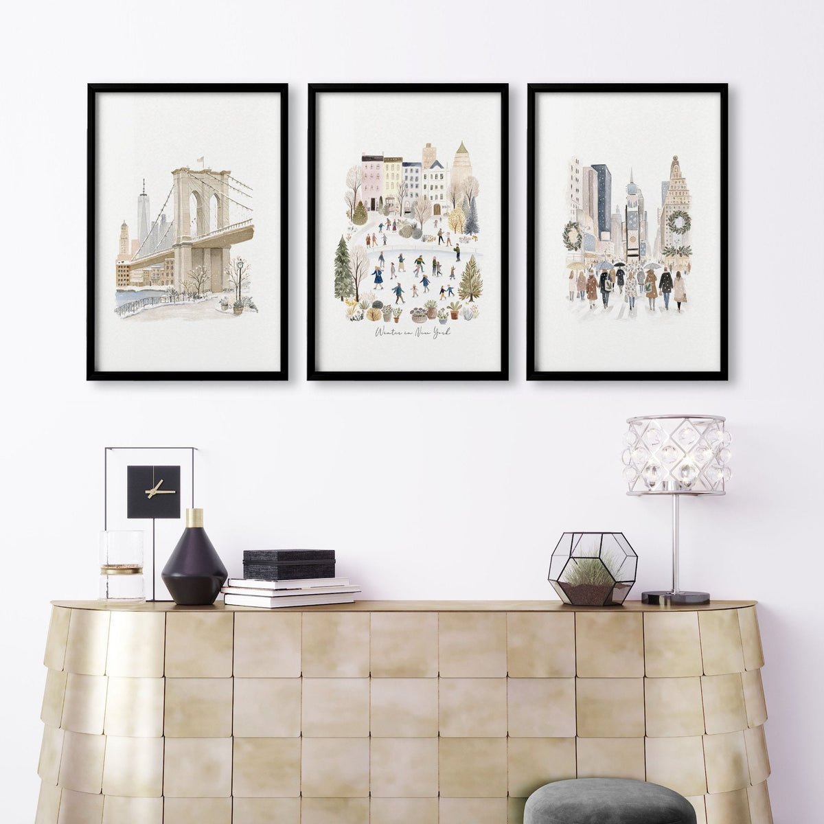 Living Room Wall Art Pictures "Winter in New York" Beige NYC Watercolour Travel | Set of 3
