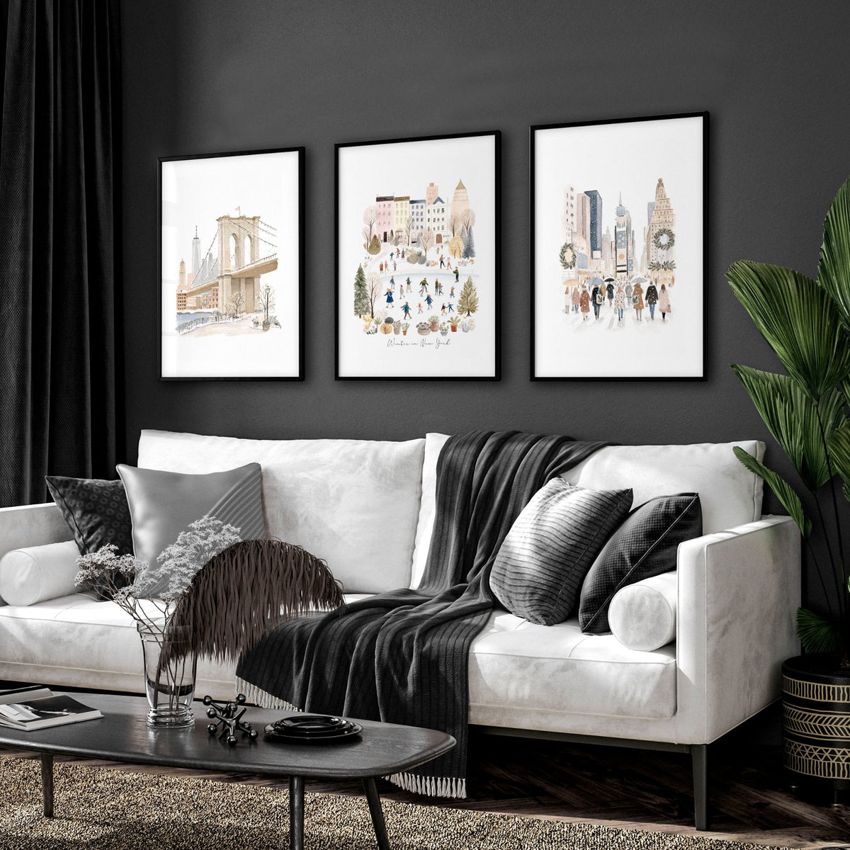 Living Room Wall Art Pictures "Winter in New York" Beige NYC Watercolour Travel | Set of 3