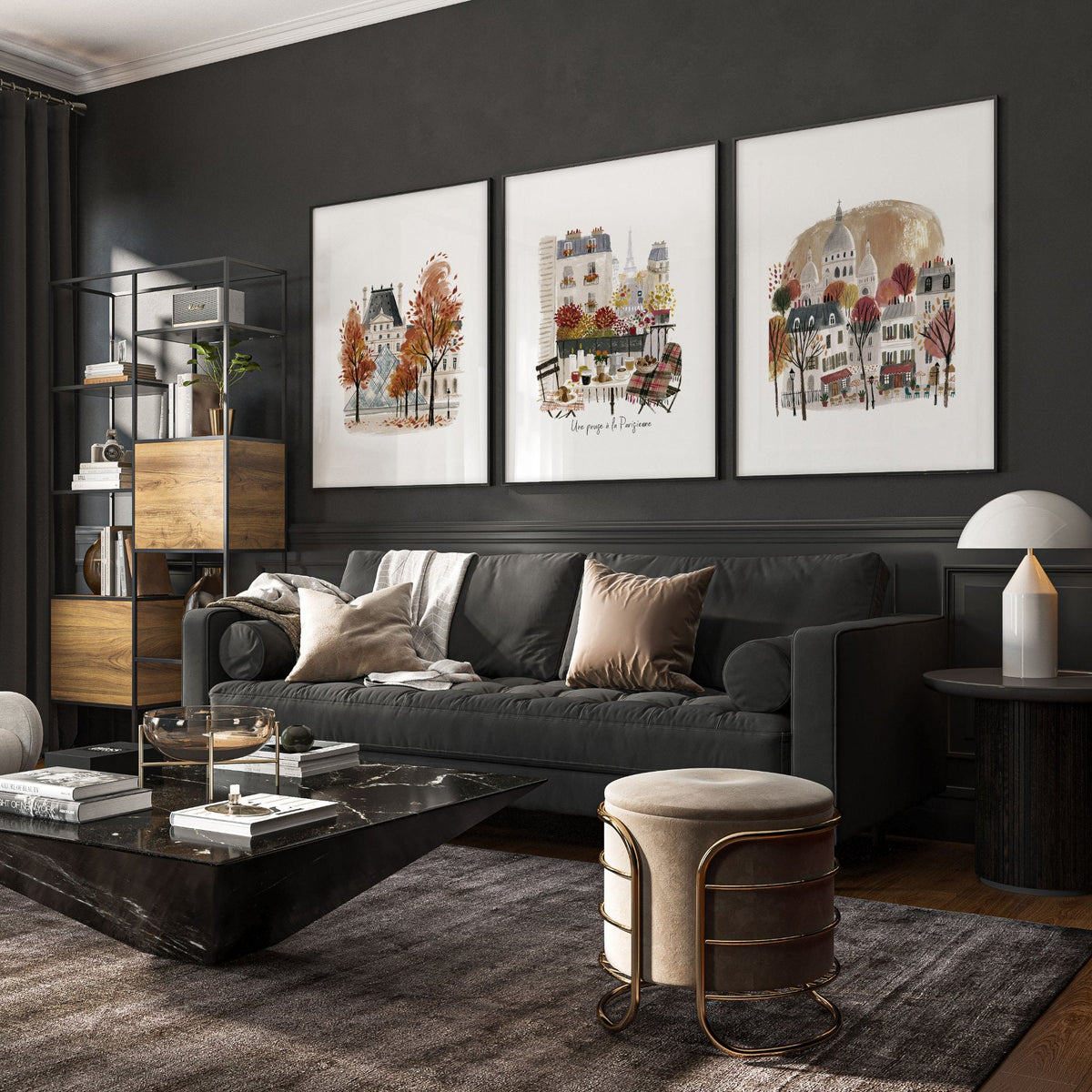 Paris Travel Living Room Wall Art Prints | Autumn Louvre, Eiffel Tower & Montmartre | Set of 3