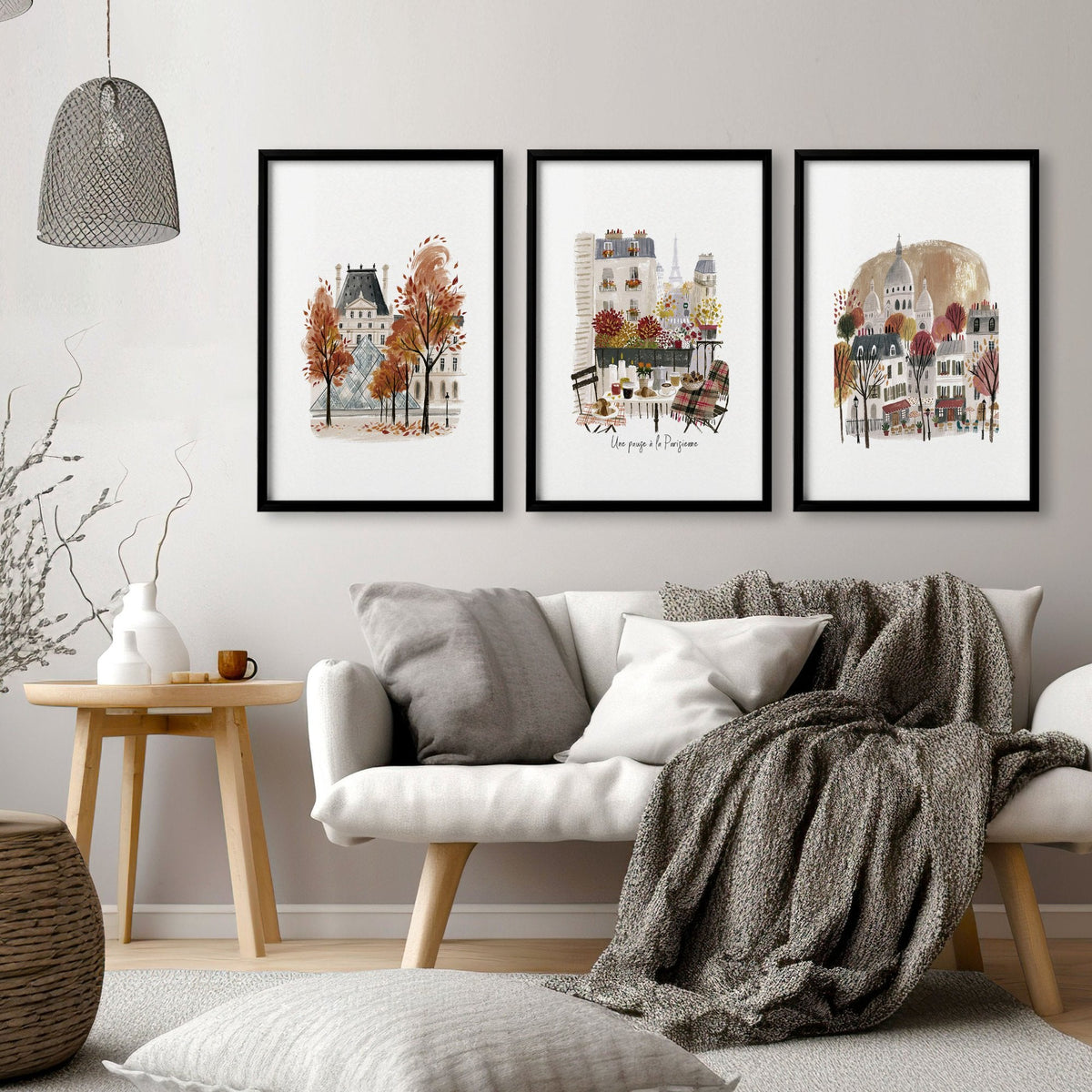 Paris Travel Living Room Wall Art Prints | Autumn Louvre, Eiffel Tower & Montmartre | Set of 3