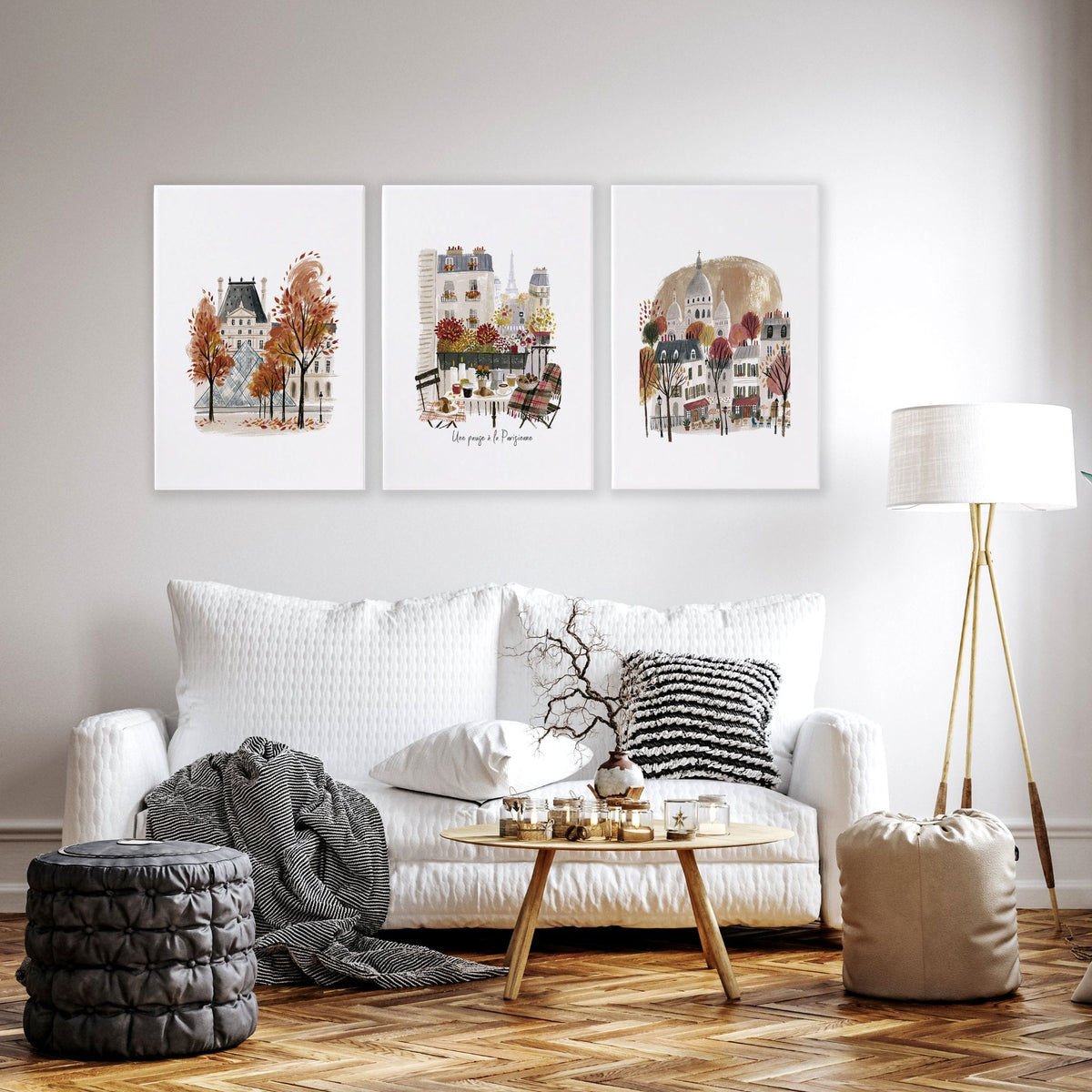 Paris Travel Living Room Wall Art Prints | Autumn Louvre, Eiffel Tower & Montmartre | Set of 3