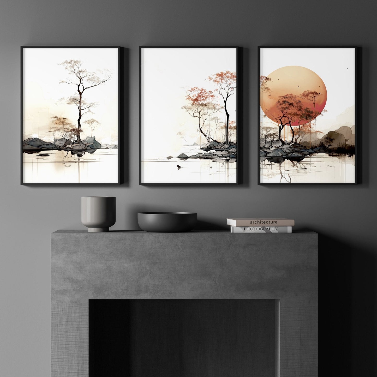 Living Room Wall Decor | Set of 3 Asian Inspired Wall art Prints