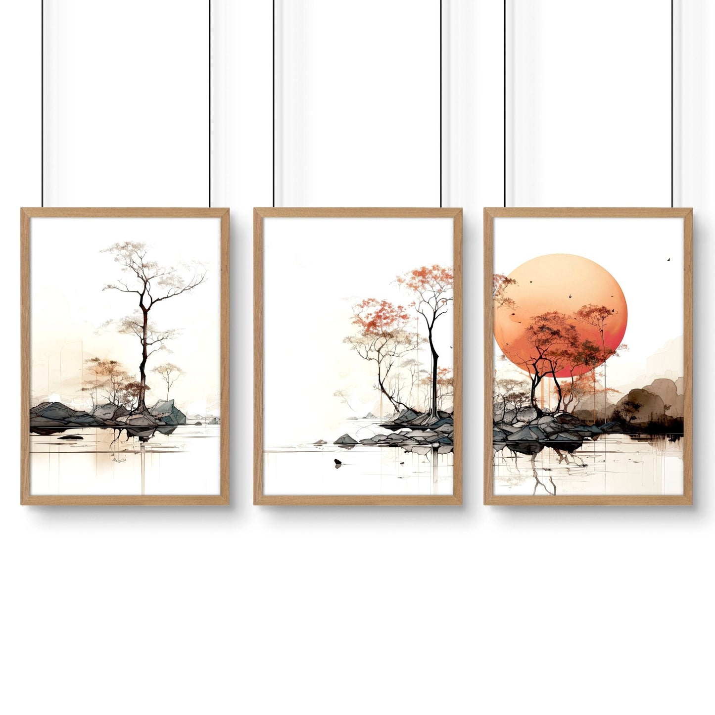 Living Room Wall Decor | Set of 3 Asian Inspired Wall art Prints
