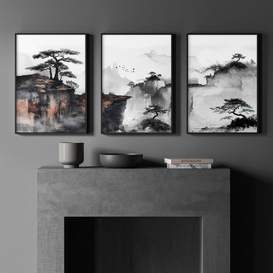 Living Room Wall Decoration | Set of 3 Asian Inspired Wall art Prints