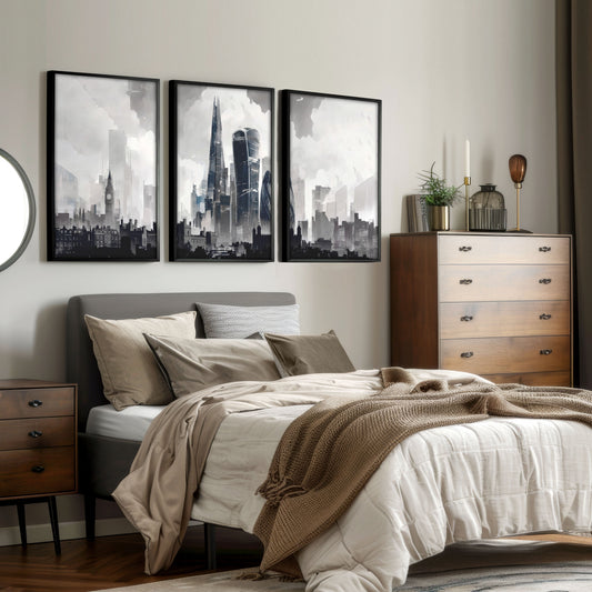 London Artwork City Skyline Monochrome Watercolour Wall Art Prints | Set of 3