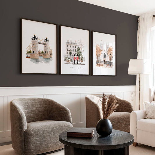 London Bridge Print "Wintertime in London" Beige & Ochre Travel Wall Art | Set of 3
