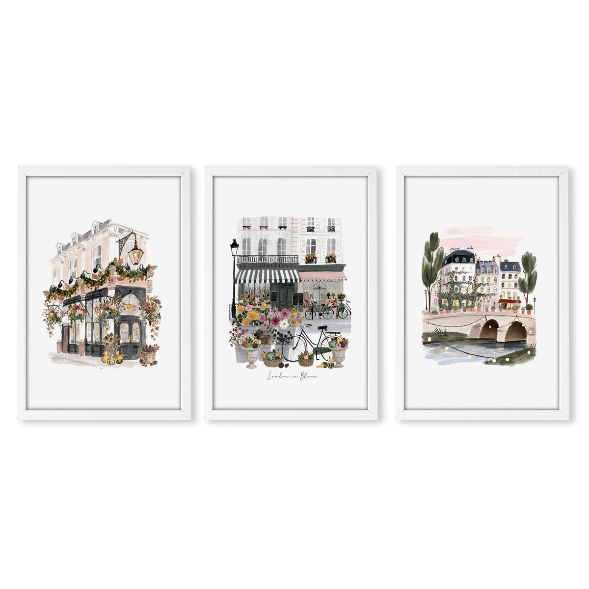 London Poster "London in Bloom" Floral City Watercolour Wall Art Prints | Set of 3