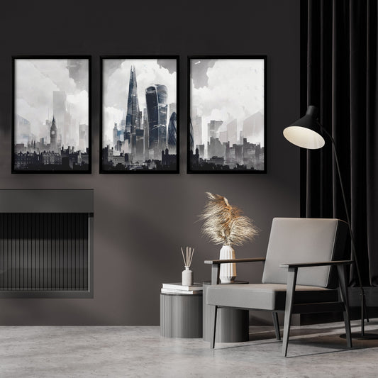London Prints | Moody Grey Skyline with The Shard & Gherkin | Set of 3