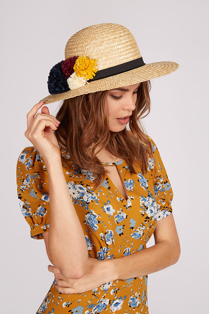 Louche Louise Straw Boater With Raffia Pom