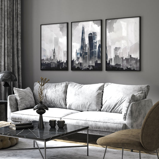 Lounge Pictures for Living Room London Skyline Grey Watercolour Wall Art Prints | Set of 3