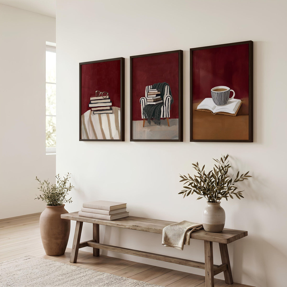 Lounge Room Wall Decor Bohemian Book Lover Burgundy Art Prints | Set of 3