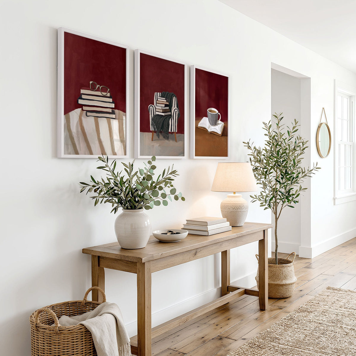 Lounge Room Wall Decor Bohemian Book Lover Burgundy Art Prints | Set of 3