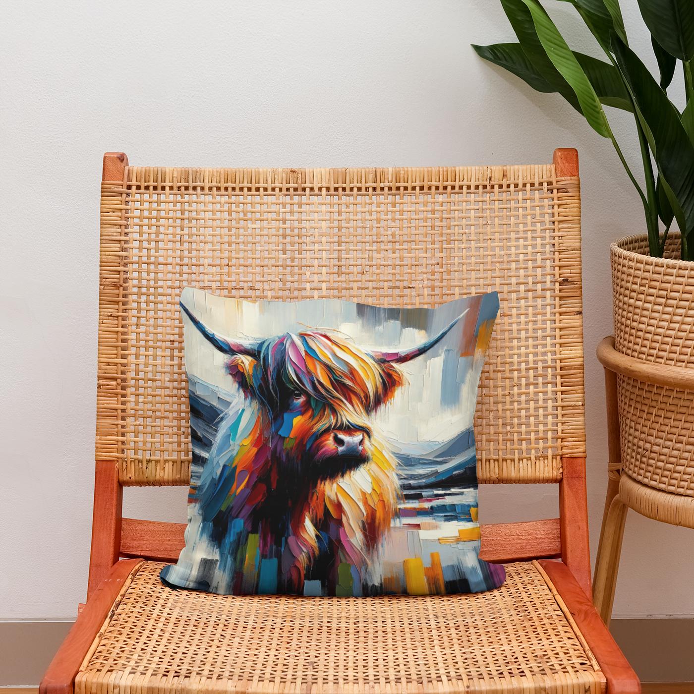 Vibrant Highland Cow Abstract Cotton Cushion