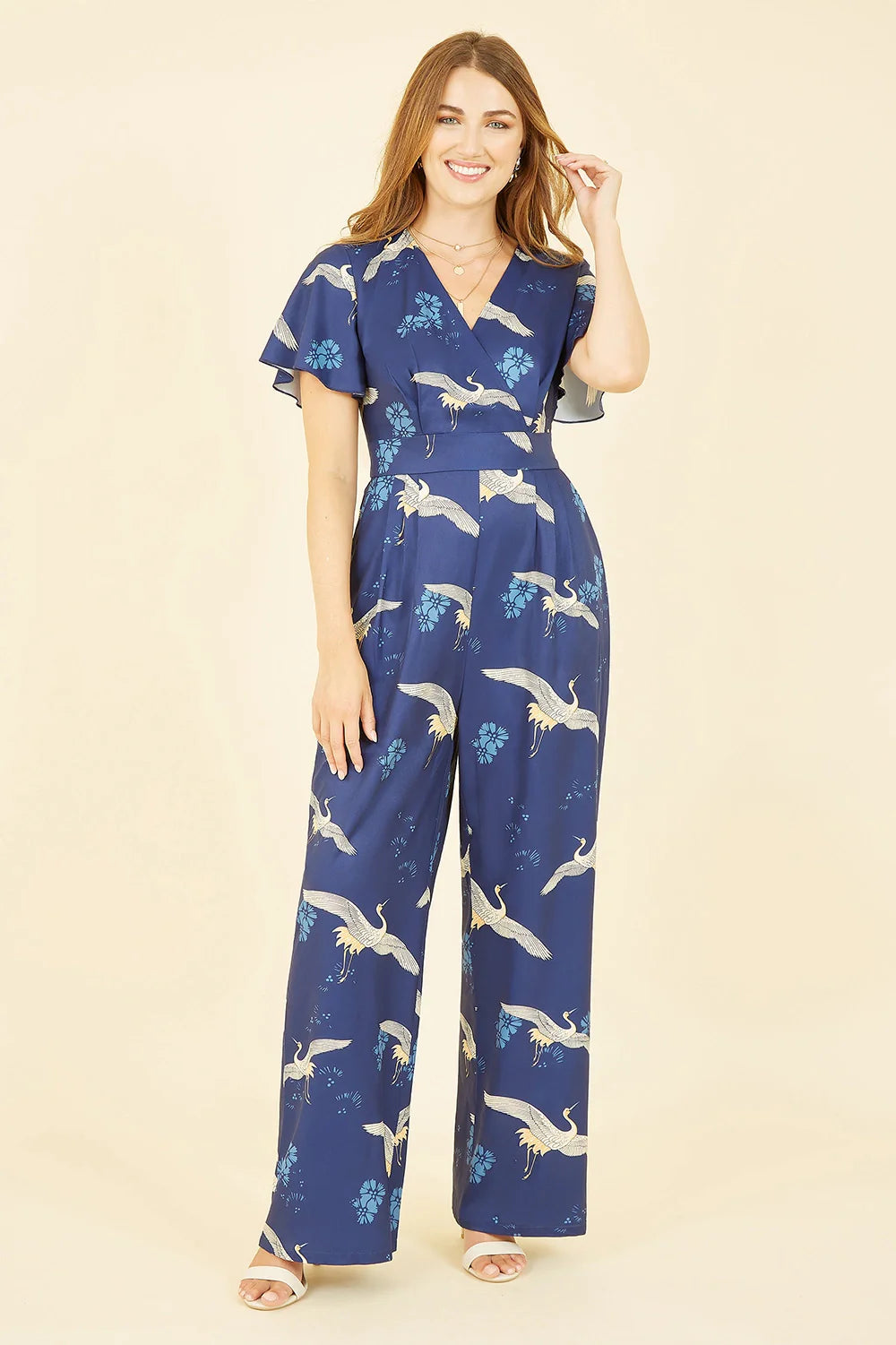 Yumi Black Crane Print Angel Sleeve Jumpsuit