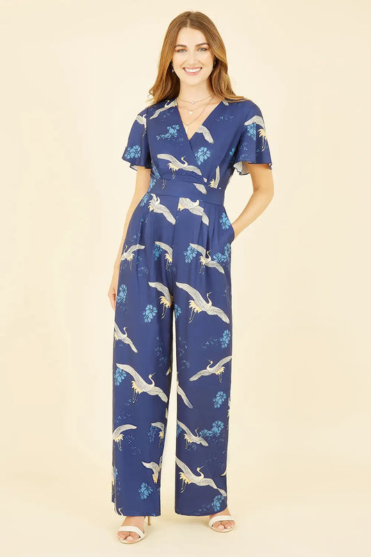Yumi Black Crane Print Angel Sleeve Jumpsuit