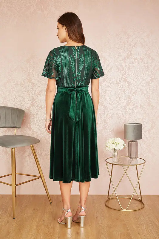 Yumi Green Embellished Velvet Wrap Skater Midi Dress