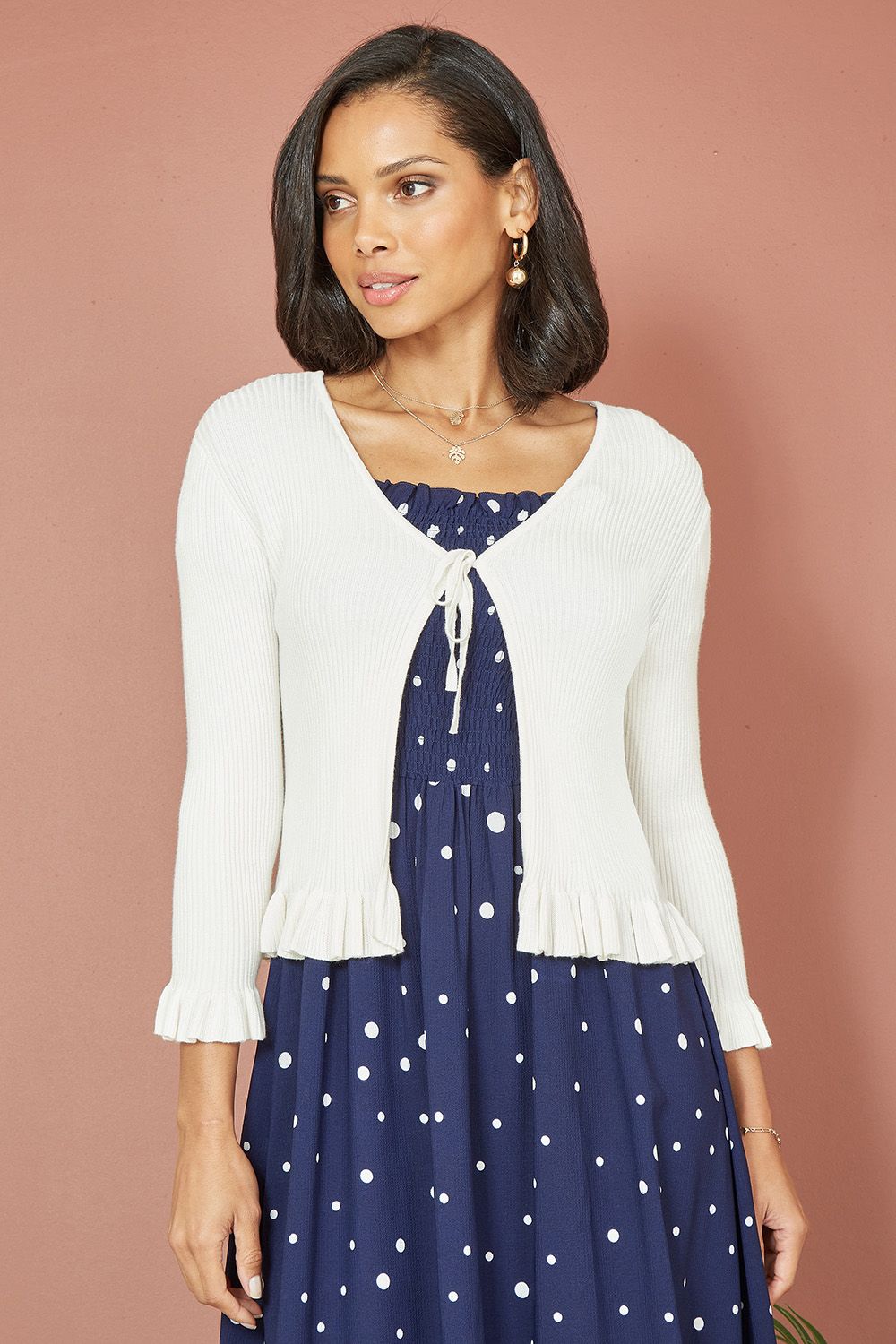 Yumi Ivory Tie Up Ribbed Cardigan With Frill Hem