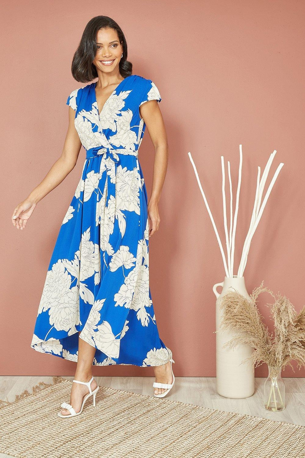 Mela Blue Blossom Print Wrap Midi With Dipped Hem
