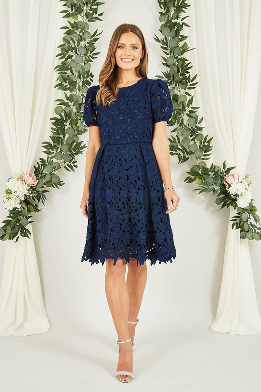 Yumi Navy Lace Skater Dress With Puff Sleeves