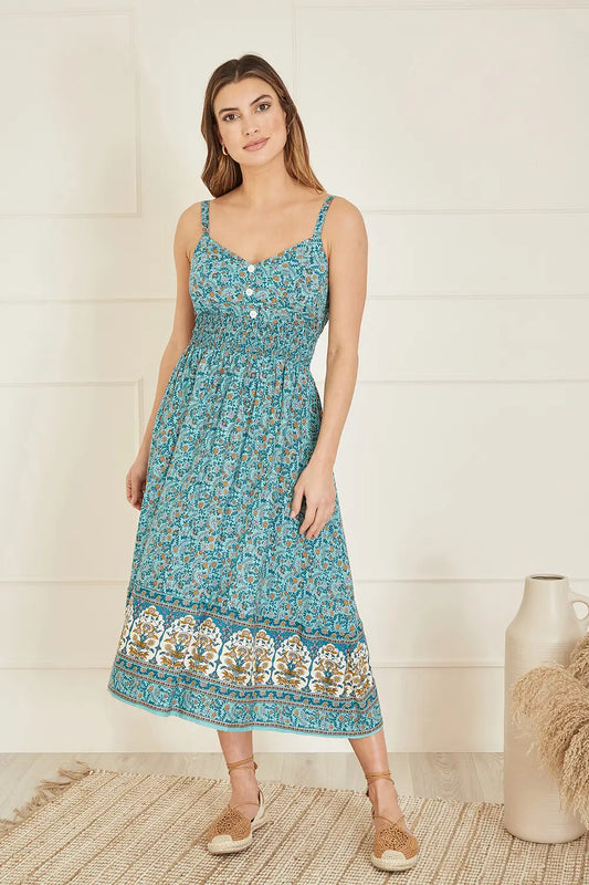 Yumi Green Border Floral Midi Sundress