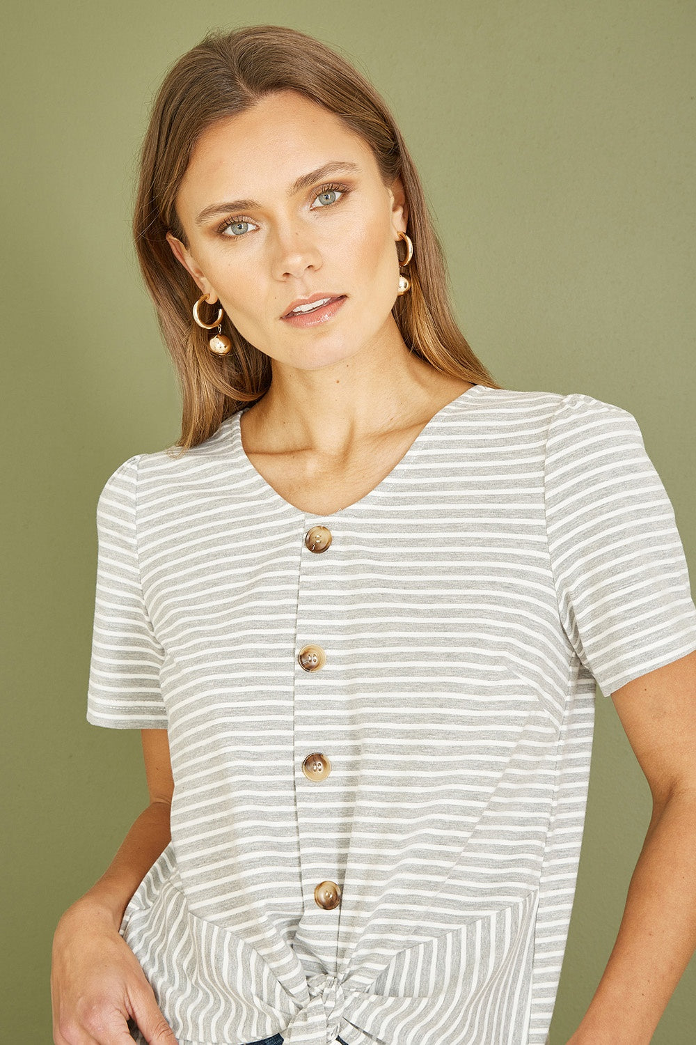 Yumi Grey Striped Jersey Button Detail Top