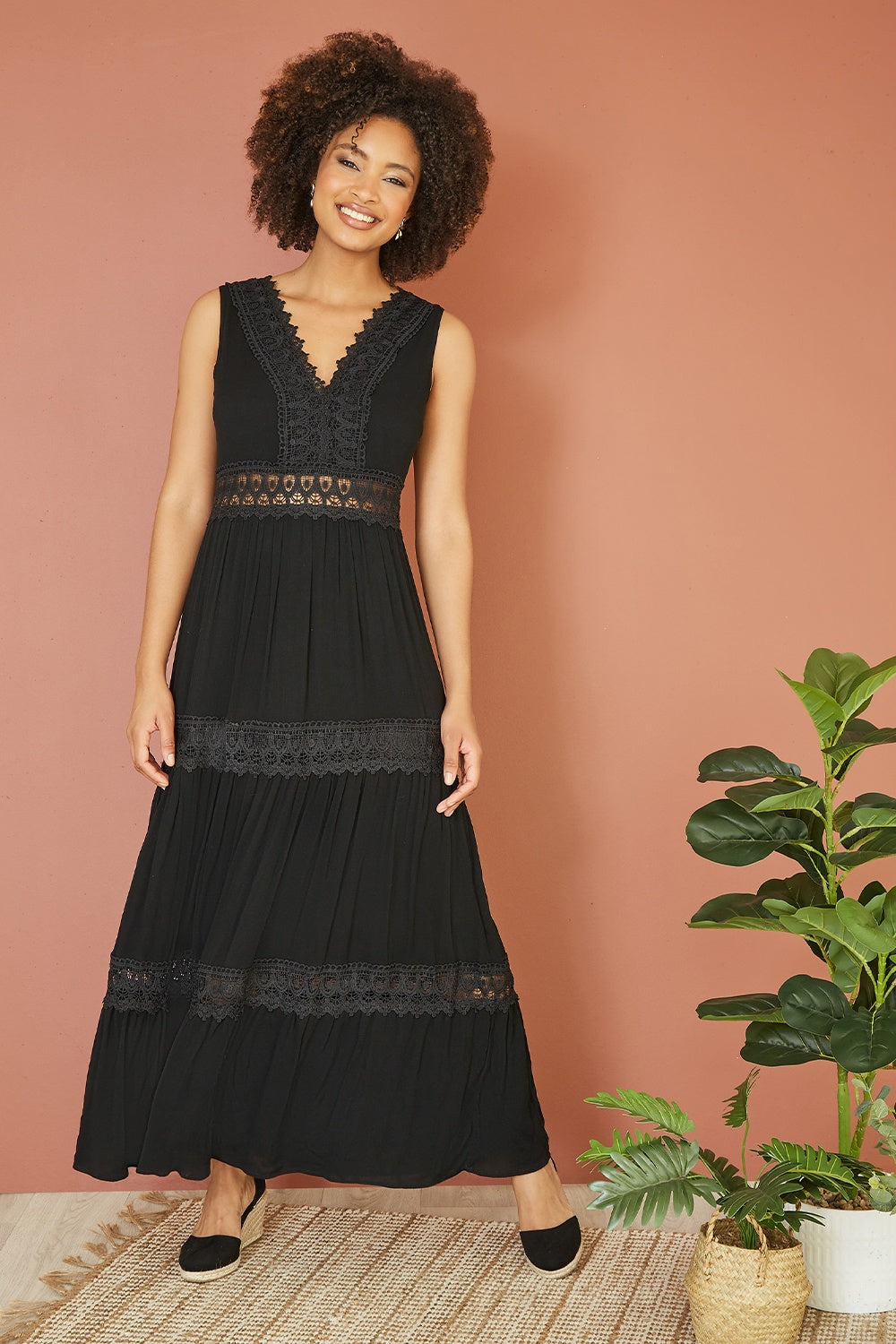Yumi Black Lace Trim Cotton Midi Sun Dress