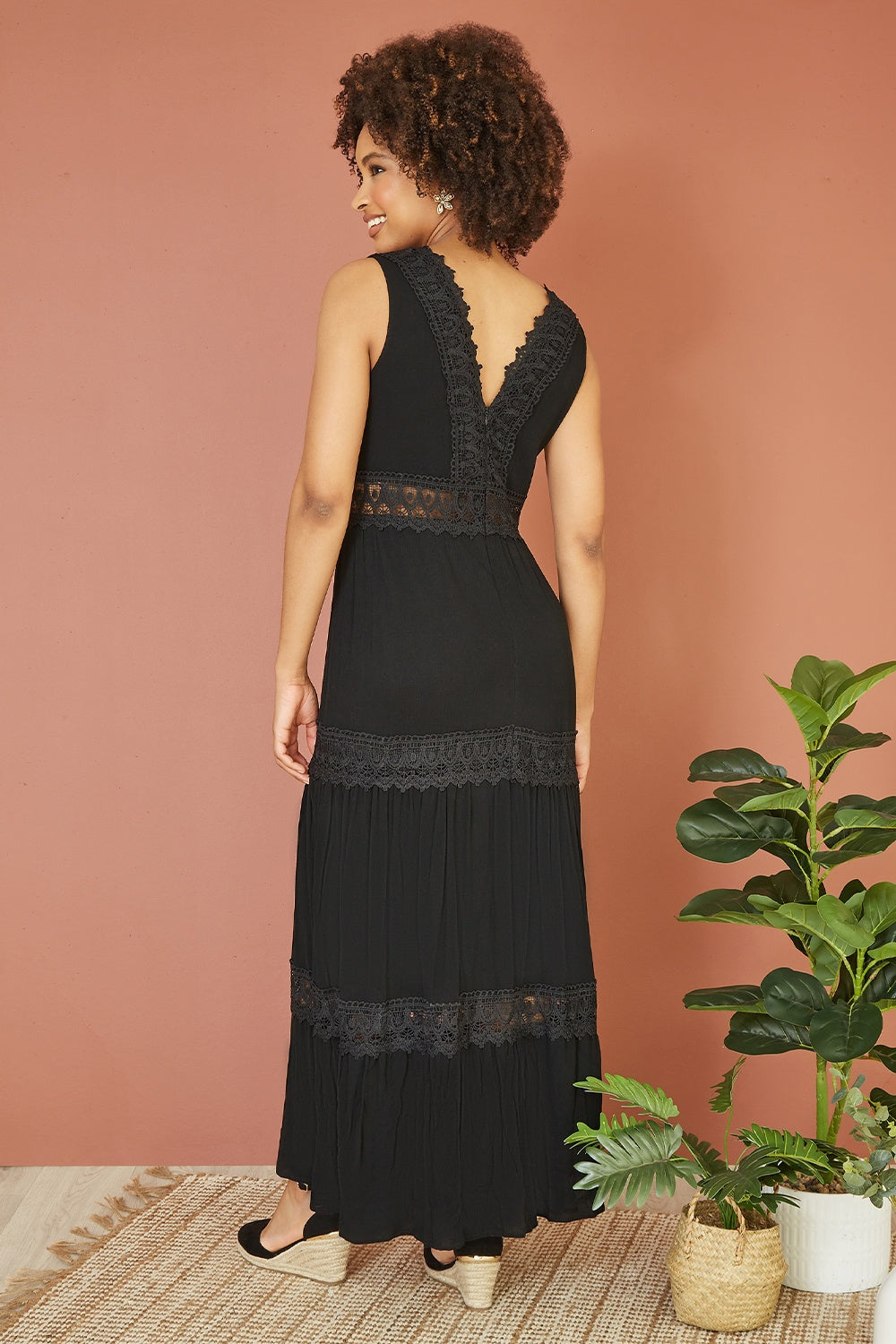 Yumi Black Lace Trim Cotton Midi Sun Dress