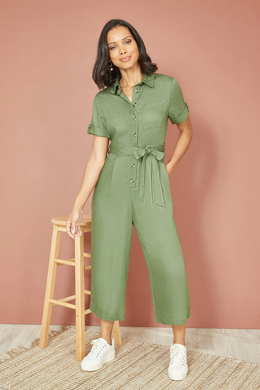 Yumi Green Twill Viscose Utility Jumpsuit