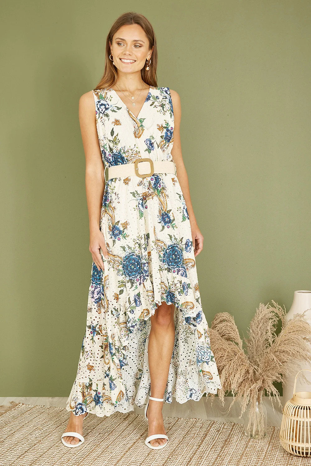 Yumi Premium Ivory Floral Print Broderie Anglaise Cotton Dip Hem Midaxi Dress