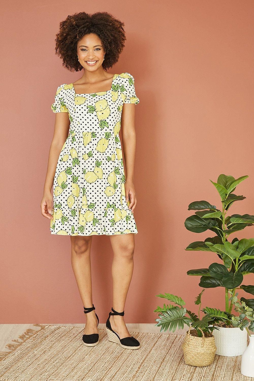 Mela White Viscose Lemon Print Skater Dress With Balloon Sleeves