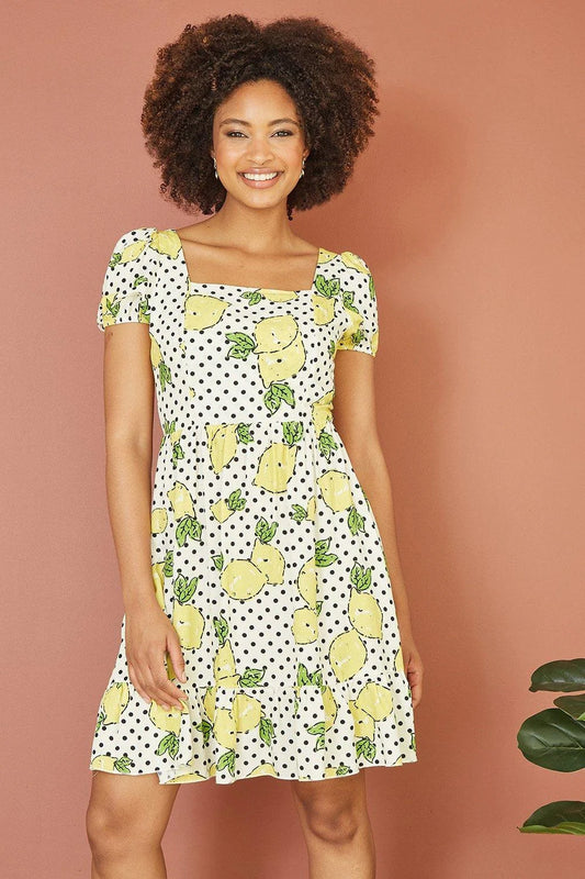 Mela White Viscose Lemon Print Skater Dress With Balloon Sleeves