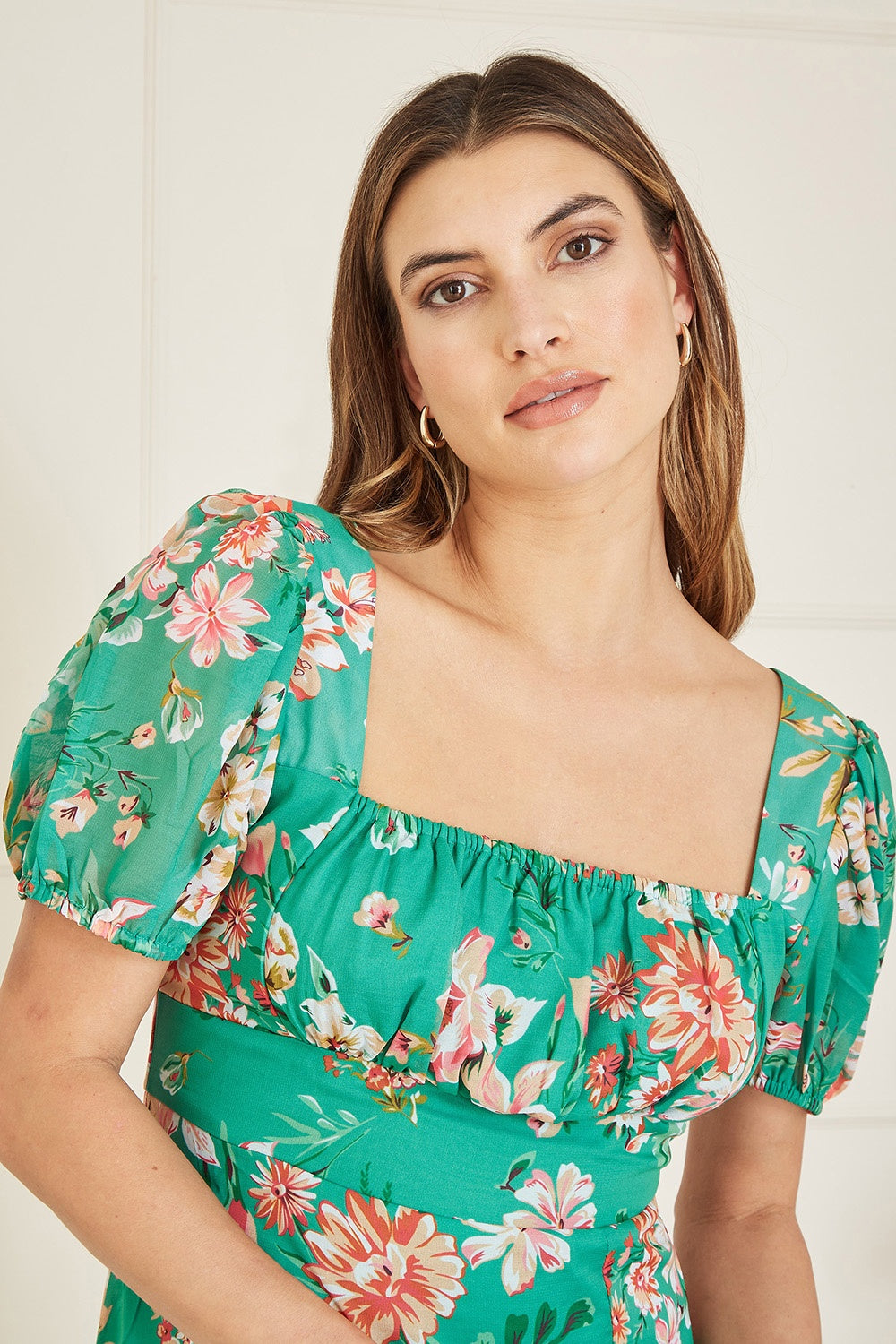 Yumi Green Recycled Floral Print Square Neck Maxi Dress With Split Hemline