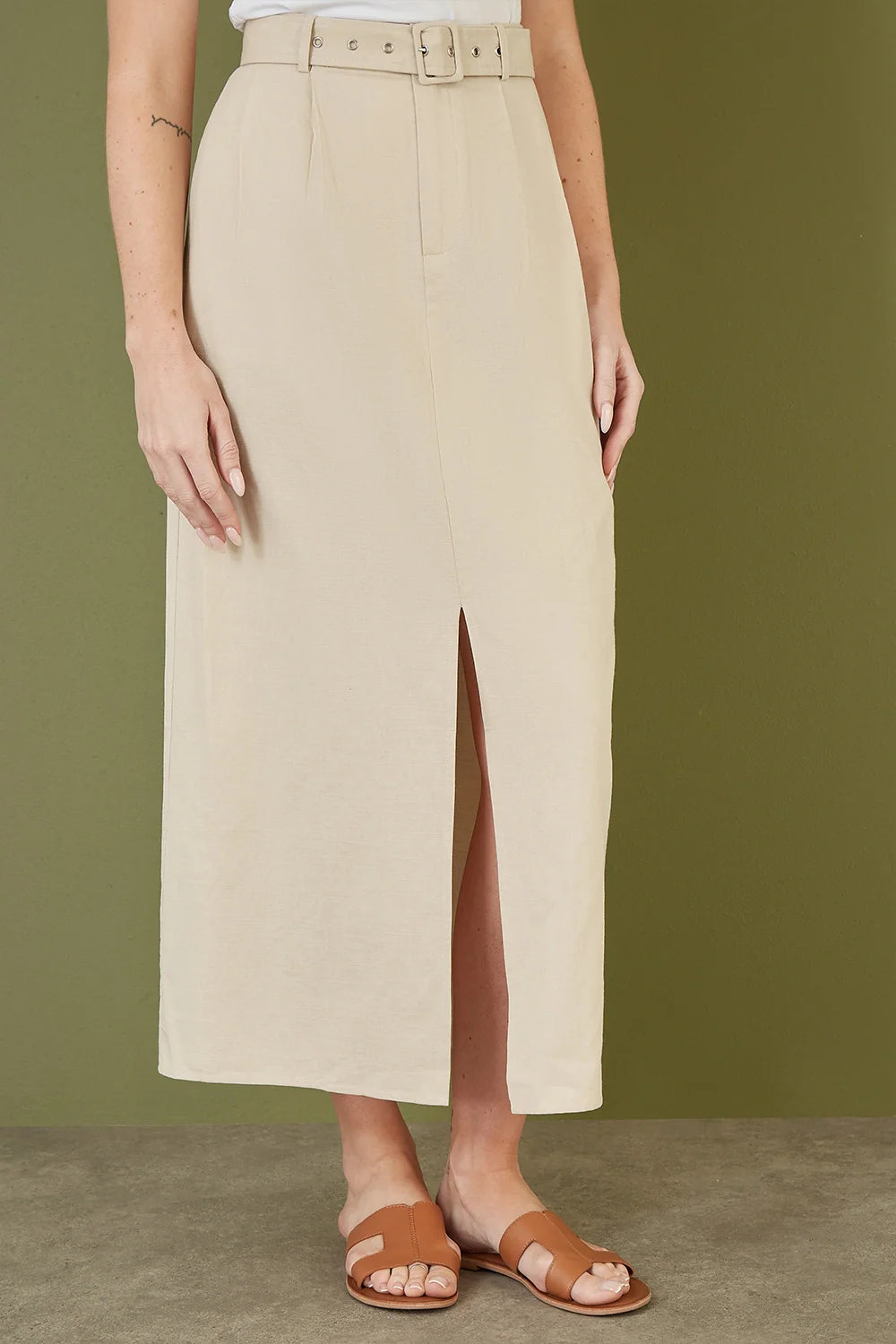 Yumi Stone Cotton Midi Skirt With Belt And Split Hem