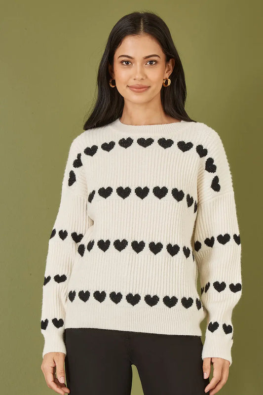 Yumi Ivory Knitted Jumper With Heart Stripes